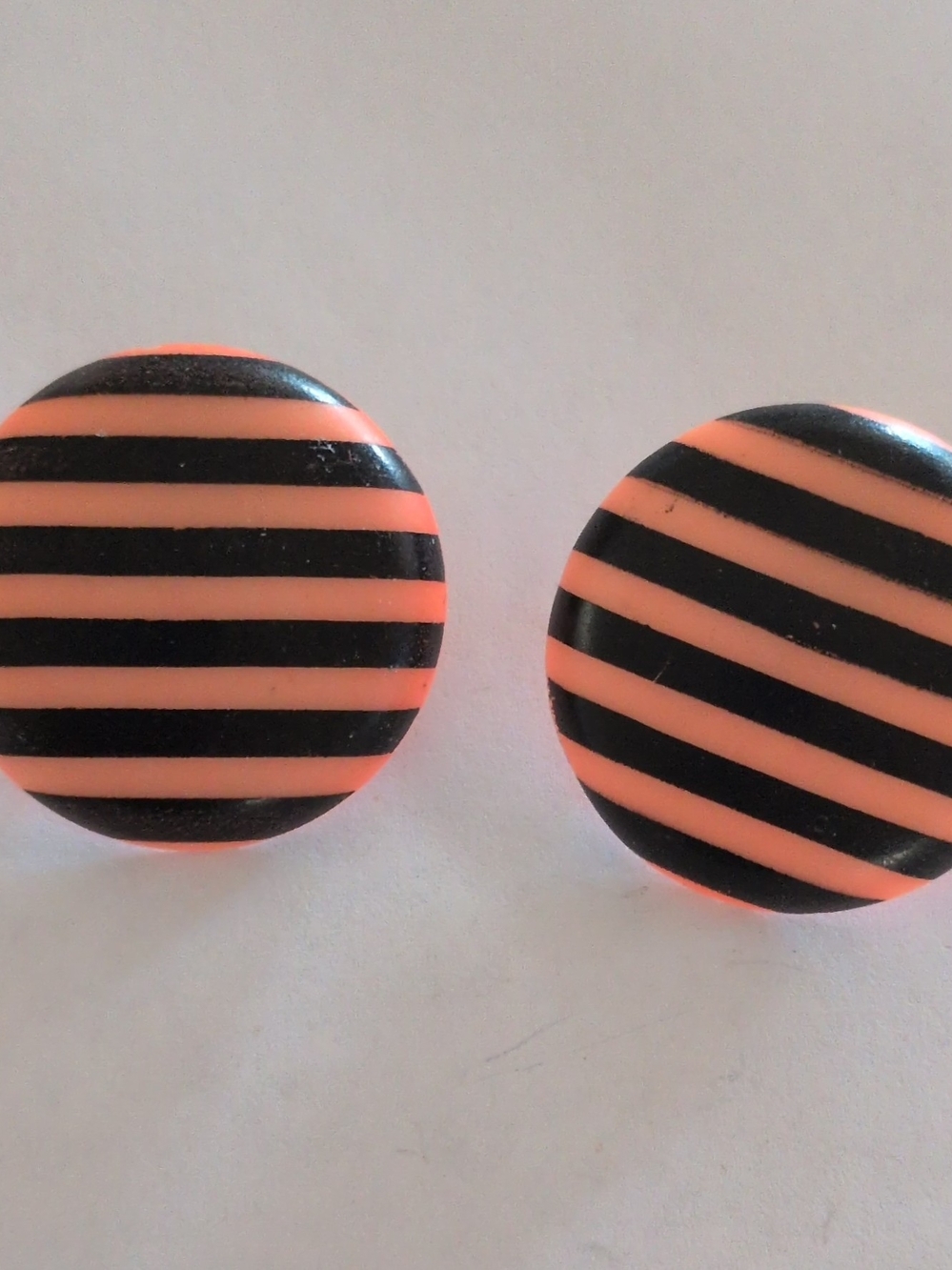 Striped Round Earrings in Black and Neon Coral